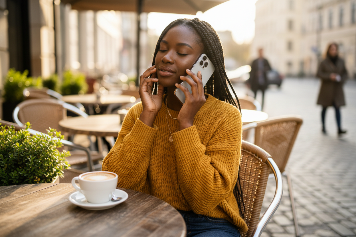 une jeune femme noire assise à la terrasse avec une tasse de café entrain d'appeler avec un iphone 13pro max le coté de l'arrière de l'appareil se fait voire 